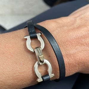 Ferraragamo black leather and silver double wrap bracelet